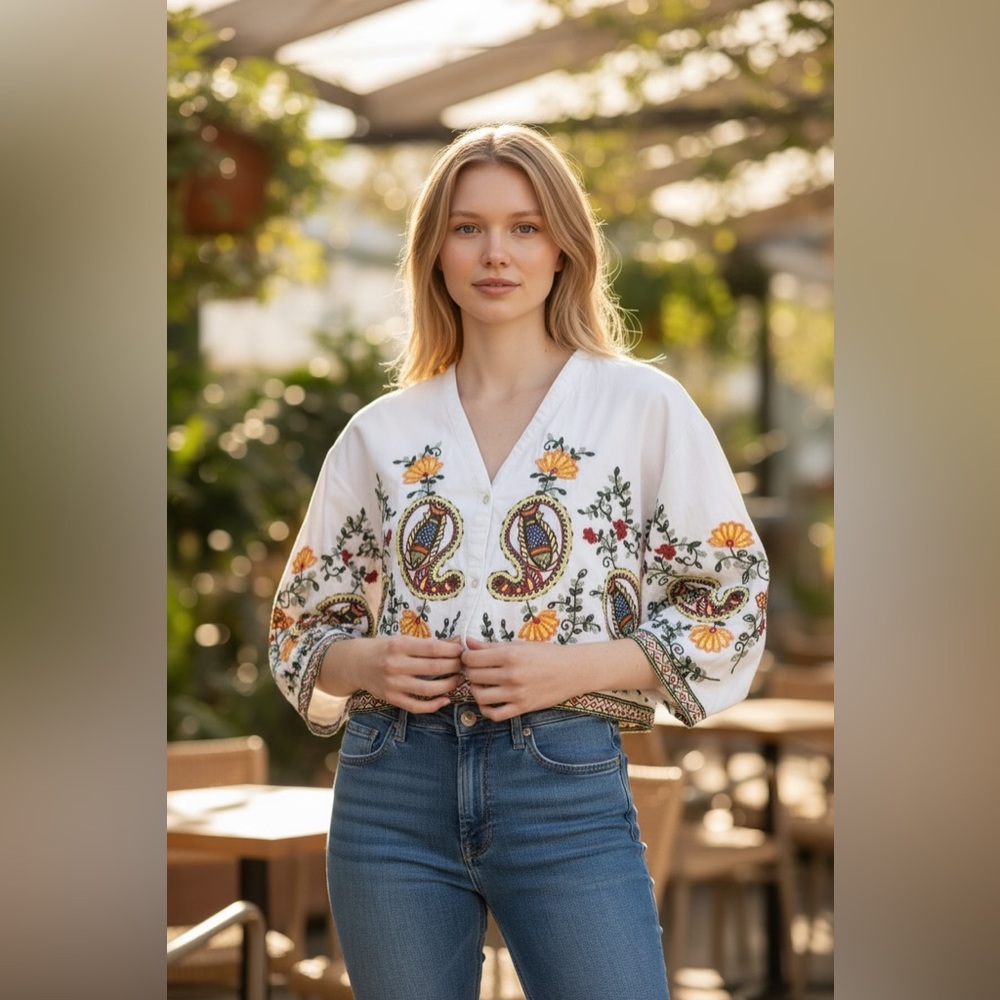Embroidered Floral White Blouse, M